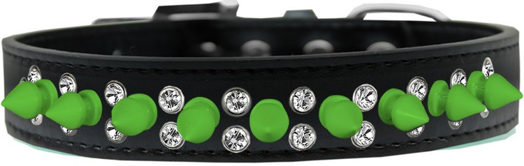 Double Crystal and Neon Green Spikes Dog Collar Black Size 20